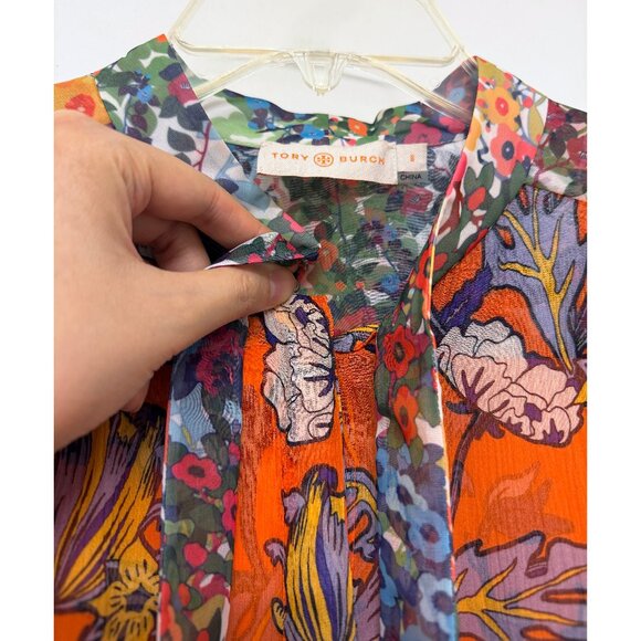 Tory Burch Kia Orange Garden Print Silk Shirt Top Green Floral Tie Neck 8 - Picture 5 of 15